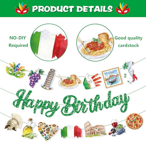 3Pcs Italy Happy Birthday Banner Pizza Pasta Wine Helmet Party Hanging Banner Italian Theme Birthday Bridal Wedding Baby Shower Boys Girls Kids Home Classroom Party Supplies Decoration - color: Italy