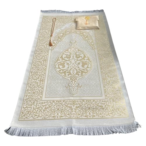 Muslim Prayer Rug and Beads with Elegant Slub Fabric Bag | Janamaz | Sajadah | Soft Islamic Prayer Rug | Islamic & Mawlid Gifts | Prayer Carpet Mat, Taffeta Fabric (Gold, 8 Sets) - color: Gold, size: 8 Sets