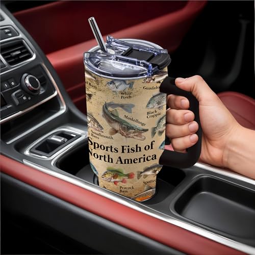 Fish Gifts for Dad, 40oz Tumbler with Handle and Straw, Fishing Gifts for Men, Birthday Gifts for Fisherman, Party Supplies, Fishing Coffee Mug, Stainless Steel Cup - color: Fish-BM