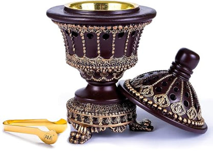 AM Charcoal Incense Cone Burner – Resin & Charcoal Holder for Bakhoor – Decorative Mabkhara Style Aroma Diffuser for Home, Office, Relaxation Spaces – Complete Set with Tongs (Brown)