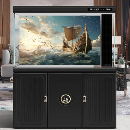 Sailing Ship Aquarium Background Splendid Surfy Ocean Flying Seagulls Fish Tank Background Majestic Golden Pirate Ship Terrarium Backgrounds Deep Seascape Blue Sky Reptile Tank Backgrounds 24x16in - color: Dark Blue, size: 24(W)x16(H)in