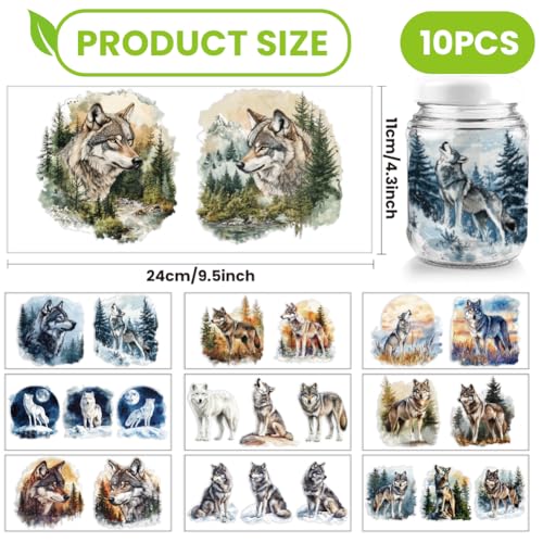 arricraft 10 Pcs Colorful Wolf Small Pattern Cup Printing UV Transfer Papers, 10 Styles Forests Lawns Snowy Mountains UV DTF Cup Wrap Stickers for 16 OZ Glass Cups Crafts 9.5x4.3inch - style: Colorful Wolf Theme