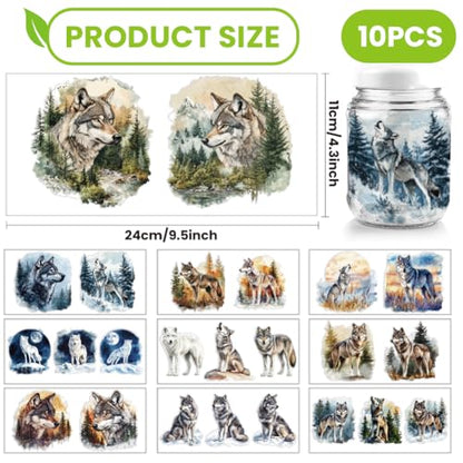 arricraft 10 Pcs Colorful Wolf Small Pattern Cup Printing UV Transfer Papers, 10 Styles Forests Lawns Snowy Mountains UV DTF Cup Wrap Stickers for 16 OZ Glass Cups Crafts 9.5x4.3inch - style: Colorful Wolf Theme