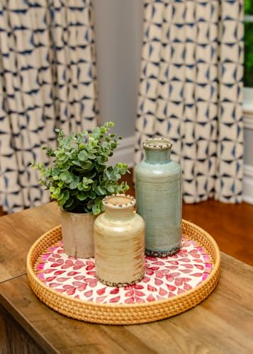 Magenta & Teal Round Rattan Serving Tray with Mother of Pearl Inlay, Wicker Coffee Table Decor, Farmhouse Style (Pink Flower) - color: Pink Flower