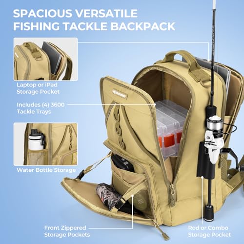KastKing KarryAll Fishing Backpack with Rod Holder 4 Tackle Boxes, 40/26L | Tackle Bag Storage Fishing Gear and Equipment, Water‑Resistant Material, Fishing Gift for Men - color: E: Medium (26 L) - Khaki