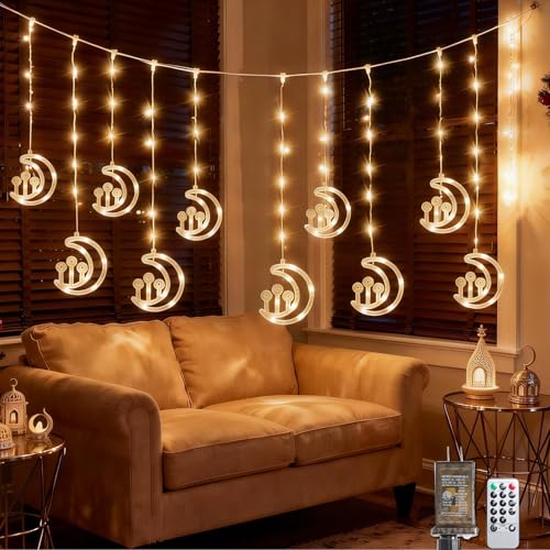 Vigdur Moon Ramadan Curtain Lights, 120 LEDs Warm White Eid Mubark Ramadan Curtain Fairy Lights with Remote & 8 Lighting Modes, Ramadan Decoration Lights for Home Holiday Eid Decorations(10FT) - color: Moon Lights