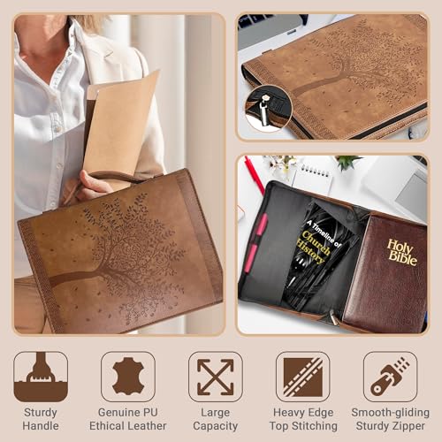‘Angel Treasures’ Bible Cover with Engraved Tree of Life Design| Genuine Faux PU Leather Book Protector Case with Handle, Zipper, Pockets & Pen Slots