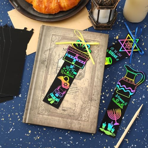 JUNEBRUSHS Scratch Bookmarks, Rainbow Magic Scratch Paper Art DIY Crafts Kit for Classroom Activity Gifts (Hanukkah Style) - style: Hanukkah Style