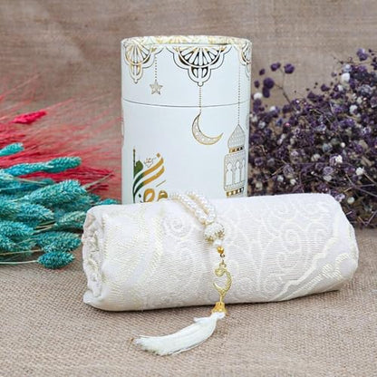 VHD Muslim Prayer Rug Set, Janamaz Salah Set, Islamic Tasbih Mat Set (White) - color: White