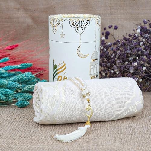 Muslim Prayer Rug Set, Janamaz Salah Set, Islamic Tasbih Mat Set (White) - color: White
