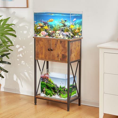 LAQUAL 10 Gallon Fish Tank Stand with Cabinet, Double Aquarium Stand for 10 & 5 Gallon Fish Tank, Heavy Metal Stand with Stable Structure, Adjustable Table Feet & Anti-tilt Device - Rustic Brown - color: Rustic Brown 5-10Gallon, size: 5-10Gallon
