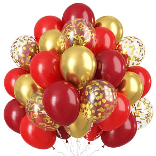 레드 및 골드 풍선, 60팩 30.5cm(12인치) 다양한 쉐이드 레드 파티 풍선, 다크 레드 및 메탈릭 골드 색종이 조각 풍선, 여성용 웨딩 브라이덜 샤워 생일 크리스마스 파티 장식 - color: 레드 골드.
