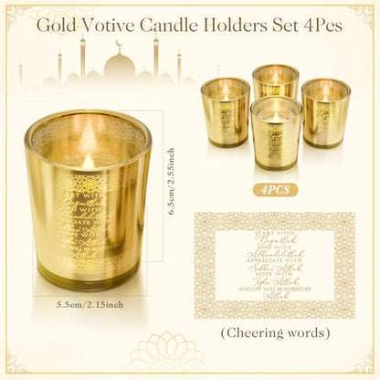 Teenyyou 4 Pcs Islamic Decorations Votive Candle Holders Bulk Eid Al Adha Gifts Hajj Mubarak Gold Glass Tealight Holders Table Decors Centerpiece for Muslim Desk Bedroom Home Office