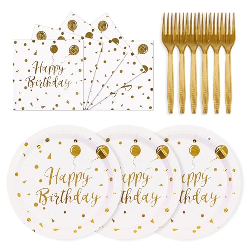 75PCS Happy Birthday Paper Plates 7 Inch, Serves 25 - color: White Gold, size: 7inch-75pcs