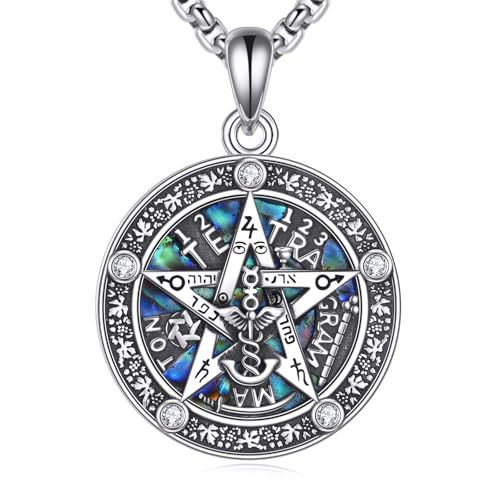 Diamond Tetragrammaton Necklace for Women Men, 925 Sterling Silver De Plata Pentagram Pentacle Pendant Necklaces Witchcraft Wiccan Pagan Star Jewelry Gifts