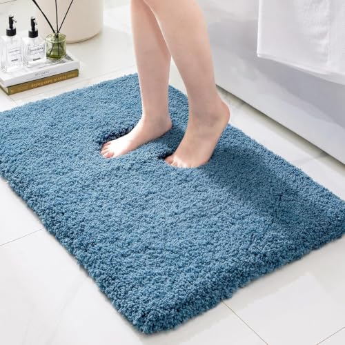 Bathroom Rugs Non Slip Washable 32x20, Ultra Thick Soft Microfiber Absorbent Bath Mats, High Density Foam Latex Non Slip Backing Bath Rugs, Fluffy Floor Carpet for Tub&Shower, Blue - color: Blue, size: 32" X 20"(Bathroom Rug)