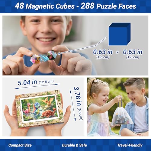TOSY Picture Cube Cute Dinos: 6-in-1 Magnetic Picture Puzzle, Easter Basket Stuffers STEM Gift for Kids & Adults, 48 Blocks, 288 Puzzle Faces, 0.6 in, B021, Seamless UV Art, Display-Ready Frame