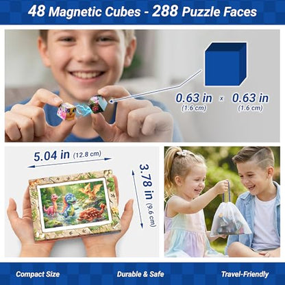 TOSY Picture Cube Cute Dinos: 6-in-1 Magnetic Picture Puzzle, Easter Basket Stuffers STEM Gift for Kids & Adults, 48 Blocks, 288 Puzzle Faces, 0.6 in, B021, Seamless UV Art, Display-Ready Frame