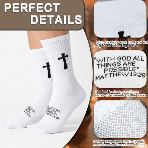 3 Pairs Christian socks Prayer socks Birthday Gifts for Dad,Men Husband Grandp Fathers Day Christmas - color: Matthew 19:26 - White