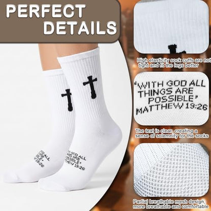 3 Pairs Christian socks Prayer socks Birthday Gifts for Dad,Men Husband Grandp Fathers Day Christmas - color: Matthew 19:26 - White