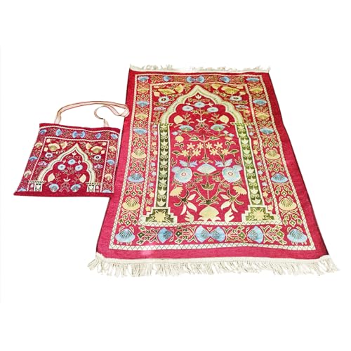 Muslim Prayer Rug Islamic Mat for Muslim Prayers Great Ramadan Gift for Muslim Men Women Portable Prayer Mat Rug Turkish Pocket Praying Rug Thick Large Padded Sajadah Muslim Prayer Rug Velvet Carpet - color: Red