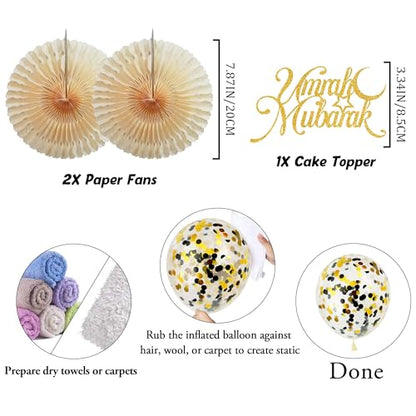 Umrah Mubarak Decorations Party Banner - Black Gold Mubarak Balloons Paper Pom Poms and Cake Topper, Hajj Mubarak Islamic Festival Decor Supplies