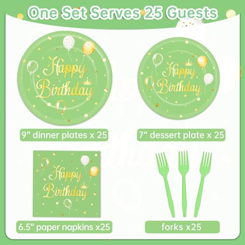 Qyeahkj 100 Pcs Sage Green Birthday Party Supplies Olive Green Gold Paper Plates Napkins Forks Tableware Set Disposable Greenery Happy Birthday Party Decorations for Women Men Girls Favors Serve 25 - style: Sage green birthday