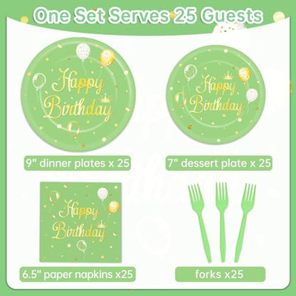 Qyeahkj 100 Pcs Sage Green Birthday Party Supplies Olive Green Gold Paper Plates Napkins Forks Tableware Set Disposable Greenery Happy Birthday Party Decorations for Women Men Girls Favors Serve 25 - style: Sage green birthday