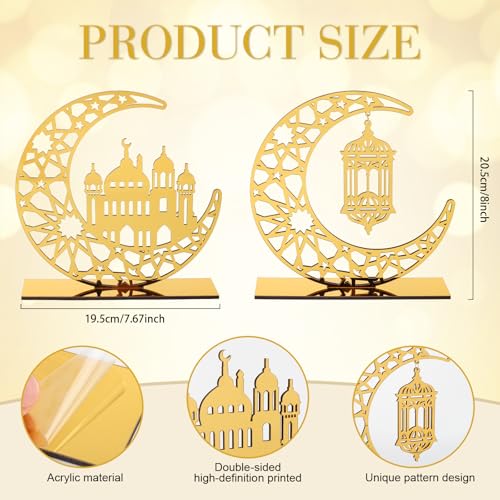 2 Pieces Acrylic Ramadan Decorations Islamic Eid Mubarak Kareem Table Sign Moon Hollow Star Ornament for Muslim Party Tabletop Decor Home Art Craft Decoration Golden Moon - style: House