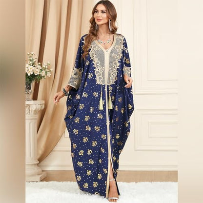 Embroidered Abaya Kaftans for Women Modern Elegant Dubai Moroccan Dubai Kaftan Dresses Abaya for Women Muslim Dress - color: Navy Blue