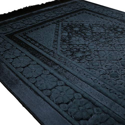 Modefa Velvet Prayer Rug - Soft Plush Turkish Janamaz Sajada Carpet for Men and Women - Plain Solid Prayer Mat Ramadan Eid Gift - with Prayer Beads - Luxury Floral Stamp (Black) - color: Black