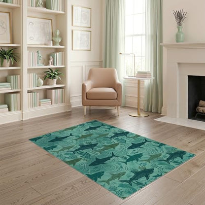 4'x6' Washable Graphic Shark Accent Rug, Seafoam Green Non-Shedding Small Carpet Pet Friendly & Non-Slip for Playroom, Bedroom, Reading Nook | Ref:2067707 - color: Blue/Pattern 38, size: 4' x 6' (Rectangular)