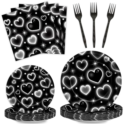 Qyeahkj 100 Pcs 2000s Party Plates Napkins Forks Set Black Heart Tableware Supplies Y2k Theme Birthday Party Decoration Early 2000s Dinnerware Decorations Favors for Birthday Party Serve 25 - style: 2000s black heart