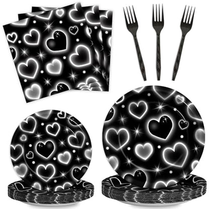 Qyeahkj 100 Pcs 2000s Party Plates Napkins Forks Set Black Heart Tableware Supplies Y2k Theme Birthday Party Decoration Early 2000s Dinnerware Decorations Favors for Birthday Party Serve 25 - style: 2000s black heart