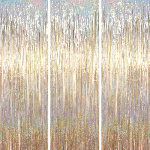 Voircoloria Champagne Foil Fringe Backdrop Curtains, 3.3x6.6ft, 3pcs - color: Champagne