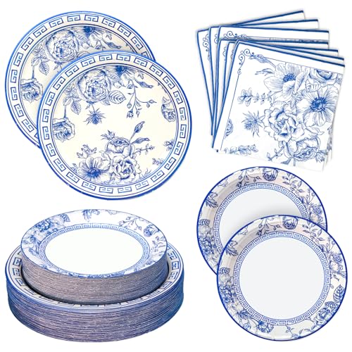 180PCS Blue White Paper Plates and Napkins Party Supplies Serve 60 - style: Blue and White Floral