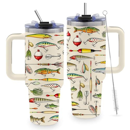 40 Oz Tumbler with Handle, Fishing Gifts for Men Dad Boyfriend | Animal Tumbler with Handle Fish Gifts for Fishemen, Stainless Steel Insulated Tumblers, Animal Lovers Gift for Birthday - color: Fishing-White