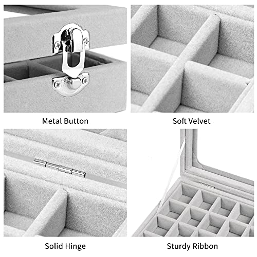 Jewelry Box 24 Grid Velvet Jewelry Tray for Drawers Glass Clear Lid Showcase Display Storage Ring Trays Holder Earrings Organizer Case(Grey)