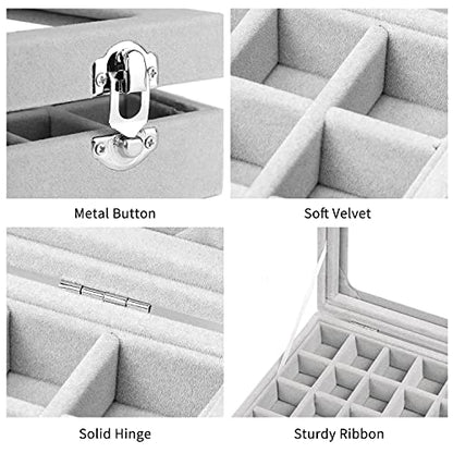 Jewelry Box 24 Grid Velvet Jewelry Tray for Drawers Glass Clear Lid Showcase Display Storage Ring Trays Holder Earrings Organizer Case(Grey)