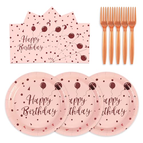 75PCS Happy Birthday Paper Plates - 7 Inch Rose Gold Dot Paper Plates and 6.5 Inch Napkins with 6.3 Inch Gold Forks Disposable Tableware Set for Birthday Party Decorations, Serves 25 - color: Pink Rose Gold, size: 7inch-75pcs