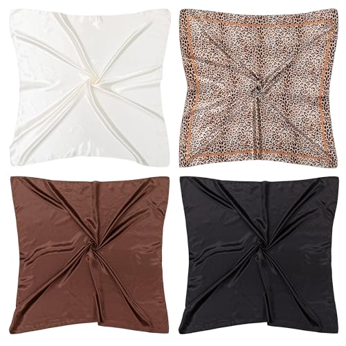 HBselect 4PCS Head Scarf for Women 35” Silk Feel Hair Scarf - color: Black, Beige, Leopard Print, Coffee