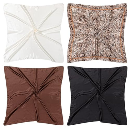 HBselect 4PCS Head Scarf for Women 35” Silk Feel Hair Scarf - color: Black, Beige, Leopard Print, Coffee