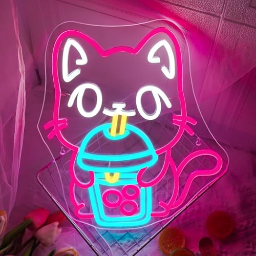 Cat Boba Tea Neon Sign Cute Neon Light Bubble Tea Wall Decor for Bars - color: boba tea