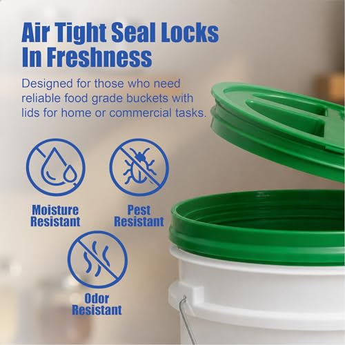 5 Gallon Bucket - Food Grade w/Lid BPA-Free, White/Green, 6 | Airtight Gamma Seal Screw-On Lid, Heavy-Duty 90 Mil HDPE Plastic, Food Safe and Durable Container, Bulk Storage, Made in USA - color: White/Green, size: 6 Packs