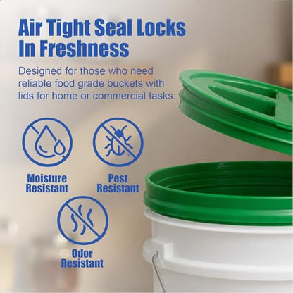 5 Gallon Bucket - Food Grade w/Lid BPA-Free, White/Green, 6 | Airtight Gamma Seal Screw-On Lid, Heavy-Duty 90 Mil HDPE Plastic, Food Safe and Durable Container, Bulk Storage, Made in USA - color: White/Green, size: 6 Packs