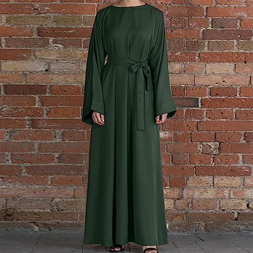 Ctreela Abaya Muslim Dresses for Women Girls Pockets Islamic Prayer Clothes with Tie Waist Ramadan Tarawih Sawm Outfits - color: Green, size: Small