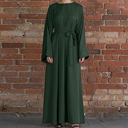 Ctreela Abaya Muslim Dresses for Women Girls Pockets Islamic Prayer Clothes with Tie Waist Ramadan Tarawih Sawm Outfits - color: Green, size: Small