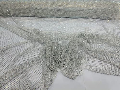 New Creations Fabric & Foam Inc, 45" Wide AB Iridescent Rhinestone On Soft Stretch Fish Net Fabric by The Yard (1 Yard, Iridescent Rhinestones on White Mesh) - color: Iridescent Rhinestones on White Mesh