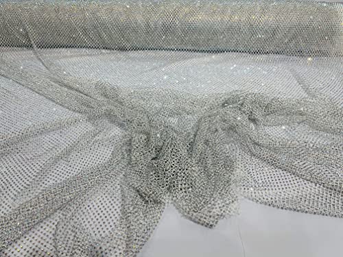 New Creations Fabric & Foam Inc, 45" Wide AB Iridescent Rhinestone On Soft Stretch Fish Net Fabric by The Yard (1 Yard, Iridescent Rhinestones on White Mesh) - color: Iridescent Rhinestones on White Mesh