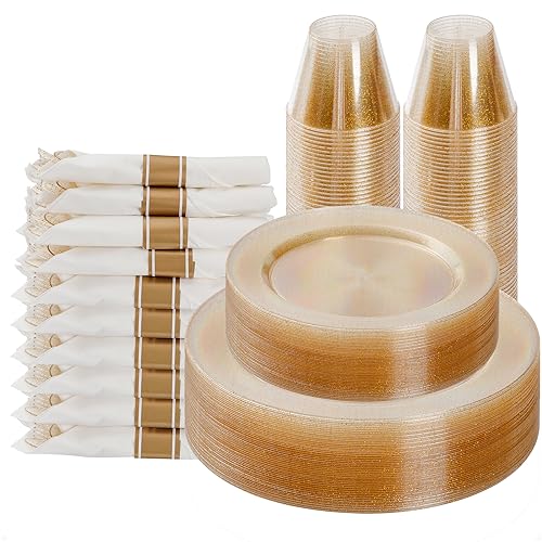 Goodluck 175 Piece Gold Glitter Plastic Dinnerware Set for 25 Guests - color: Gold Glitter, style: 175 Piece (25 guests)